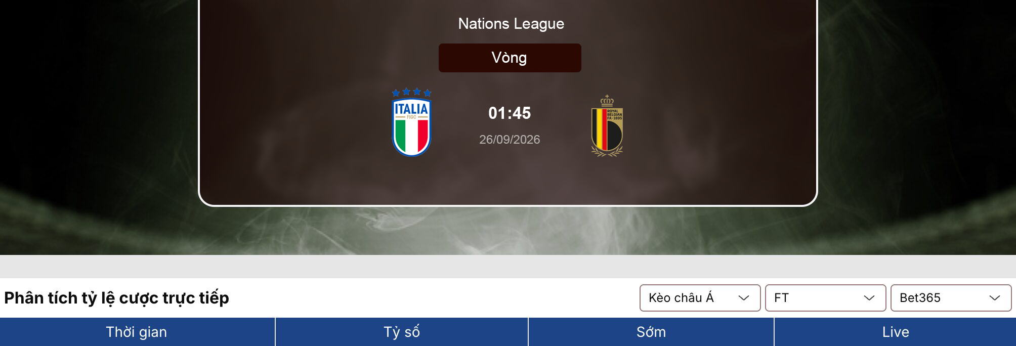 Soi tỷ lệ kèo: Italia vs Bỉ 1h45 ngày 26/9/2026 1 Soi tỷ lệ kèo